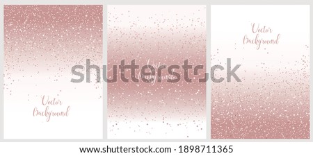 Set of vector abstract backgrounds with falling sparkle rose gold glitter and stars.  