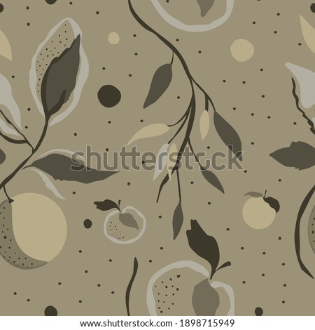 Seamless apple tree pattern. Trendy hand-drawn vector illustration for wrapping paper and cards. Minimalist dotted pattern with yellow-green apples, leaves, branches. Abstract botanical fruit pattern