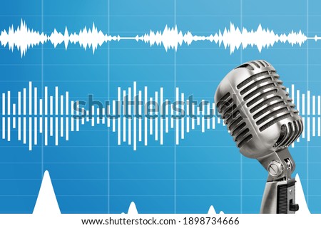 Professional microphone with waveform on blue background banner, Podcast or recording studio background