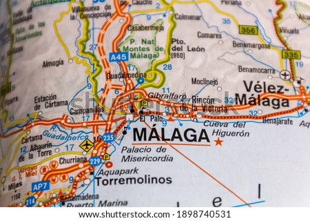 Malaga, Andalusia, Spain on a road map