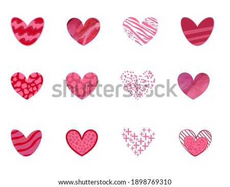 Collection of pink textured hearts isolated on the white background. Vector illustration for print, romantic cards, scrapbooking, seasonal design