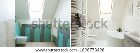 Small attic bathroom before and after renovation. White bright neutral colors - scandinavian style. Architecture, home staging and interior design - country home. Royalty-Free Stock Photo #1898773498