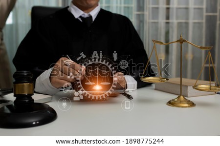 Justice and law concept. Lawyer working on table office. Law innovation network icons, Blurred background.