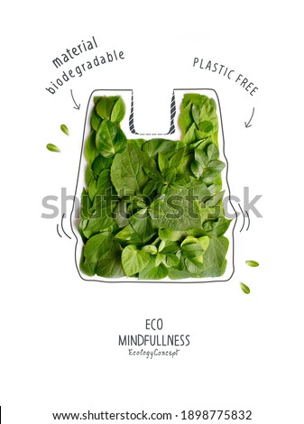 Plastic free Ecological poster. Say NO to plastic and polyethylene bags. Ban plastic pollution. Biodegradable bag, made with green sprout and leaves. Zero waste and Sustainable lifestyle. Think Green. Royalty-Free Stock Photo #1898775832