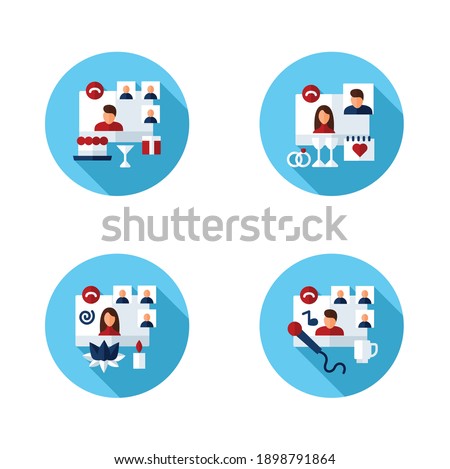Meeting together flat icons set. Online conference concept. Live stream. Social distanced party, karaoke, wedding ceremony, yoga and more. Remote video communication. Isolated vector illustrations