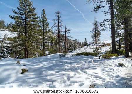 Snow on the Upper Yosemite Falls Trail in Yosemite National Park Royalty-Free Stock Photo #1898810572