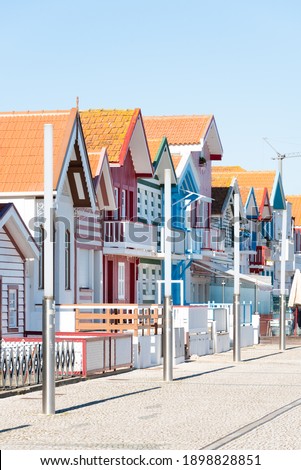 colorful image houses in Costa Nova, Aveiro, Barra, Portugal 2021