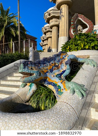 In Gaudi's Park Guell, Barcelona, a UNESCO World Heritage Centre, a mosaic dragon which has become the symbol of Barcelona, Catalonia, Spain