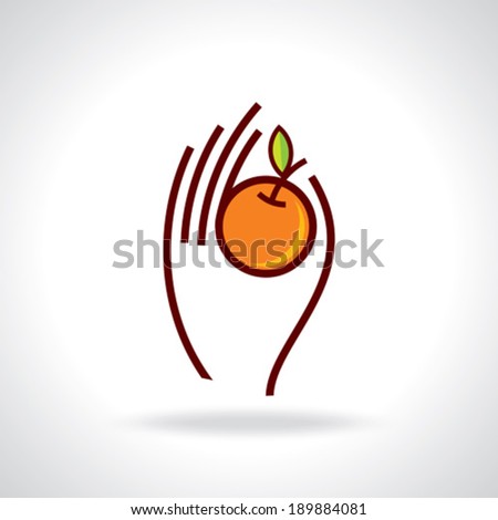 Symbolic simple orange fruit in hand, icon