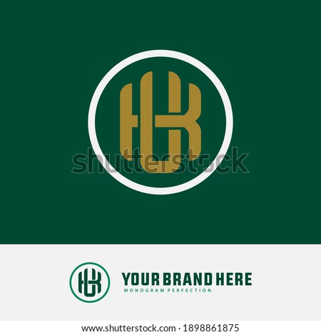 Initial letter K, U, KU or UK overlapping, interlock, monogram logo, white and gold color on green background