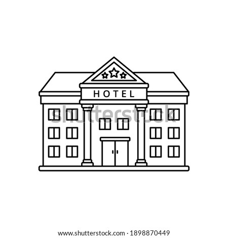 Hotel building vector illustration in simple line art design isolated on white background. Linear style of hotel icon