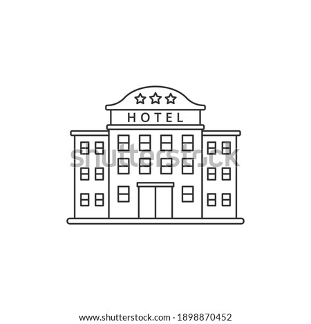 Hotel building vector illustration in simple line art design isolated on white background. Linear style of hotel icon