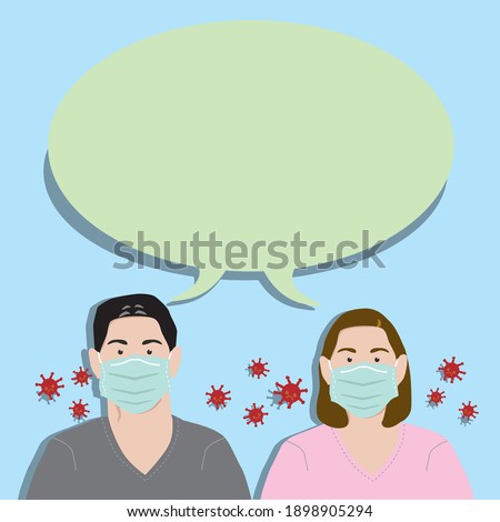 Minimalist cartoon graphic design of people wearing medical mask and be surrounded by corona virus of covid-19, people with blank speech bubble.