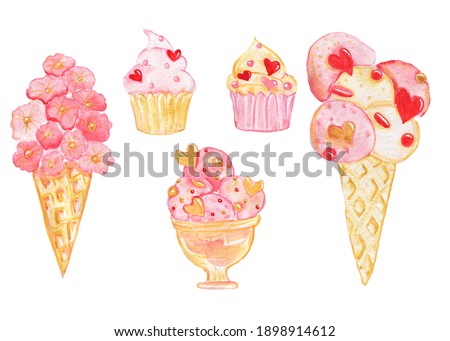 Watercolor illustration for Valentine's Day. Sweets, cupcakes and ice cream in waffle cups. Isolated on white.