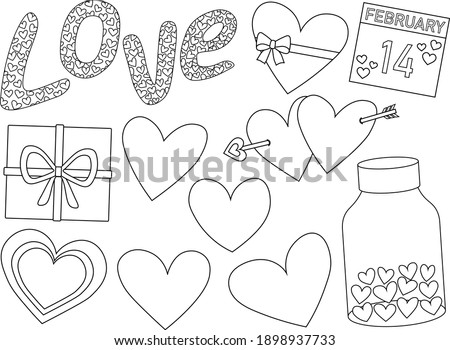 Set Valentine's day hearts gifts candy black and white coloring vector illustration