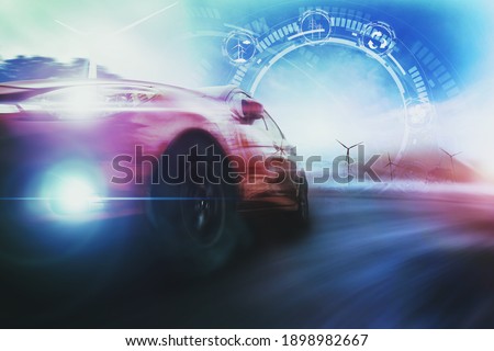 Natural green power for Electric car with copy space. Low angle side view of car driving fast on motion blur