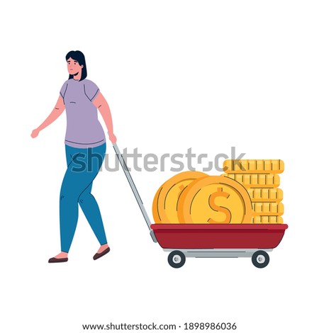woman with coins money dollars in cart vector illustration design