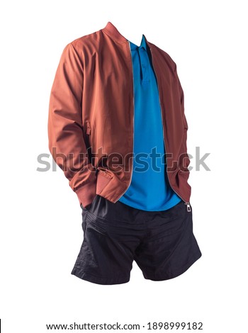 men's  dark red bomber jacket,blue  shirt and black sports shorts isolated on white background. fashionable casual wear