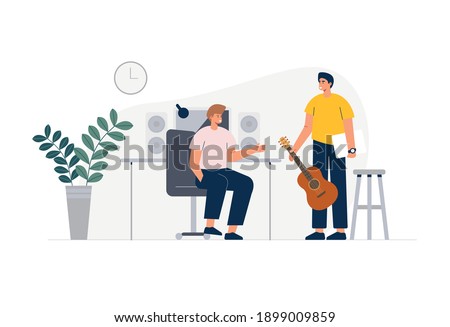 Young man playing guitar for a women. Cartoon design illustration