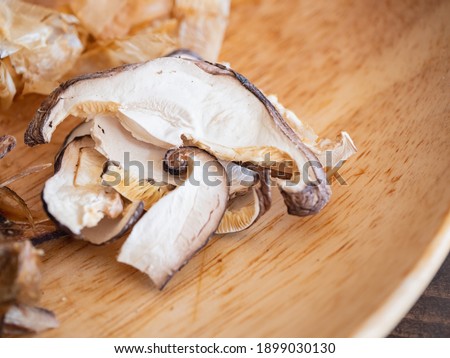 Close-up of dried shiitake mushrooms. Ingredients used for soup stock in Japanese food.