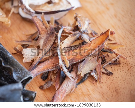 Close-up of dried mackerel flakes. Ingredients used for soup stock in Japanese food.