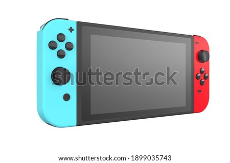 Realistic video game controllers attached to touch screen isolated on white with clipping path. 3D rendering of blue and red gamepad for online gaming
