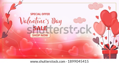 Romantic template of sale horizontal banner for Valentine’s Day. Gift box with heart shape balloons.  Holiday blur background for discount and special offers. Vector design love concept