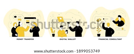 Digital transactions flat linear vector illustration set. Money transfer, digital wallet, financial consultant. Personal savings, online banking, electronic transactions. Cartoon people characters
