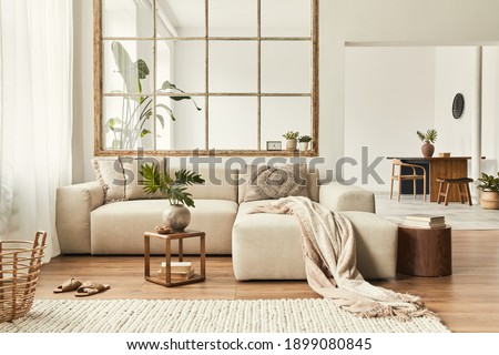 Modern interior of open space with design modular sofa, furniture, wooden coffee tables, plaid, pillows, tropical plants and elegant personal accessories in stylish home decor. Neutral living room. Royalty-Free Stock Photo #1899080845