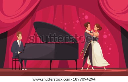 International dance day flat illustration with pair of dancers performing waltz to accompaniment of piano vector illustration Royalty-Free Stock Photo #1899094294