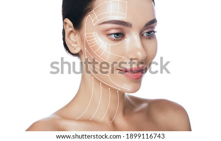 Lifting lines, advertising of face contour correction, skin and neck lifting. Facial rejuvenation concept, cosmetology Royalty-Free Stock Photo #1899116743