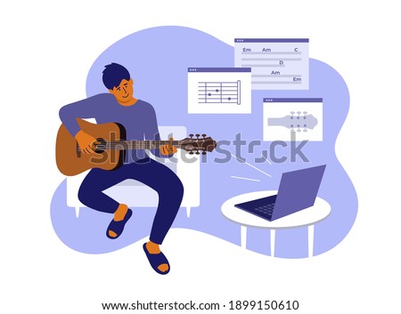 Young man sitting home, learning playing guitar. Online video course of play musical instrument. E-learning music by laptop. Virtual class of notes, chords lesson. Leisure, hobby vector illustration
