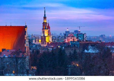 Aerial view of Poznan with Town Hall at sunset, Poland