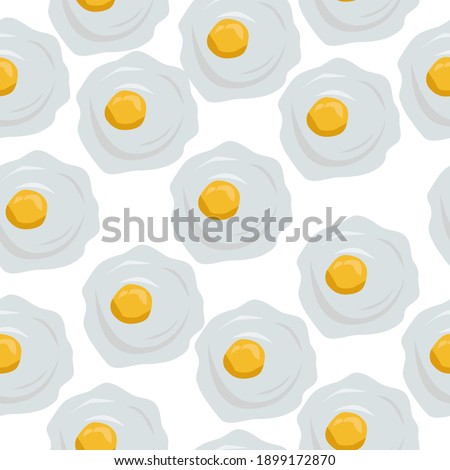 Fried eggs seamless pattern on white background, protein breakfast illustration for design and creativity