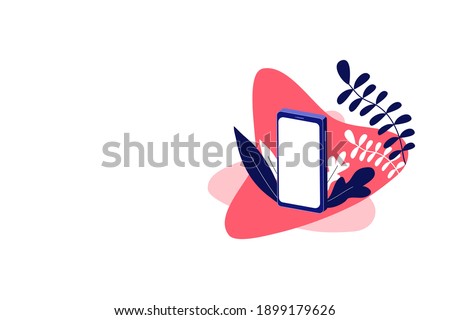 Technology nature: mobile template with blue leaves on a red-pink background and white copy space