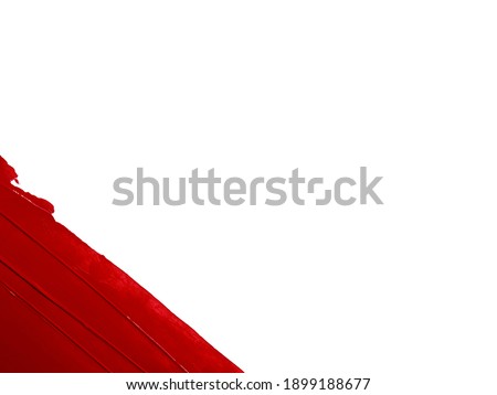 Red lipstick smudged background. Lipstick or makeup product swatch. Acrylic paint smeared texture. Red gouache brush painted wallpaper. Advertisement banner, text background, frame, place for text