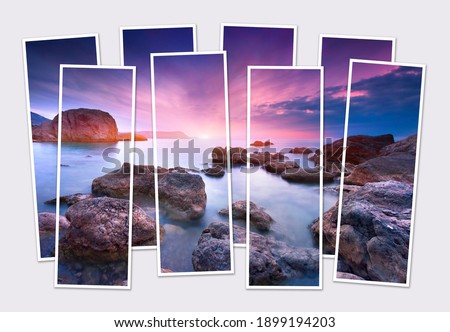 Isolated eight frames collage of picture of amazing seascape in Crimea. Splendid summer sunset on rocky seashore. Mock-up of modular photo.

