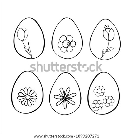 Set of Easter eggs decorated with a pattern of flowers in a doodle style.
Vector illustration. Simple cartoon line art. Isolated. 

