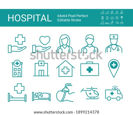 Set of line icons of clinic, hospital. Editable vector stroke. 64x64 Pixel Perfect. Royalty-Free Stock Photo #1899214378