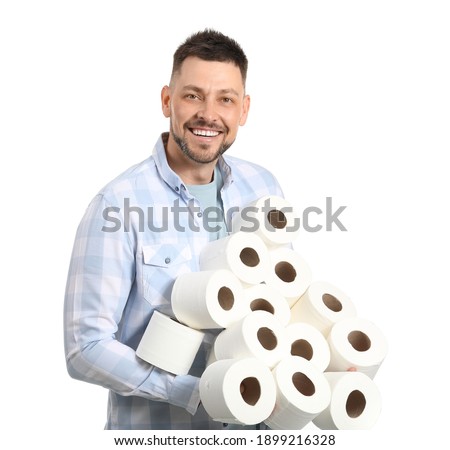 Man with toilet paper on white background. Concept of coronavirus epidemic