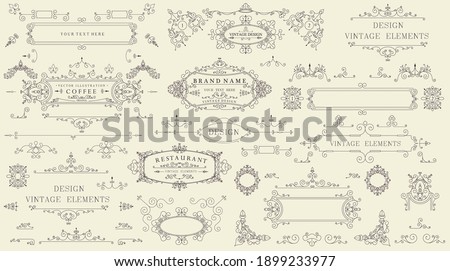 Decorative vintage set of thin calligraphic elements: borders, frames, dividers, ornaments, page decoration. Combinations for retro design, greeting cards, certificates and invitations. Vector.
