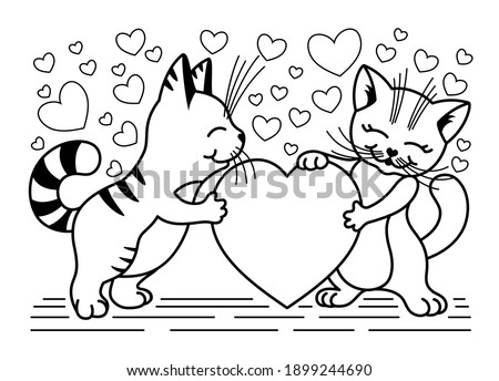 Contour romantic illustration with cats and love hearts on white background.