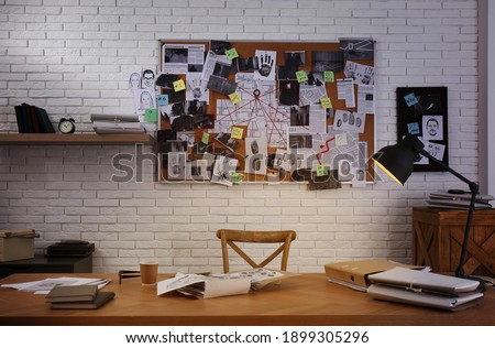 Detective office interior with workplace and investigation board