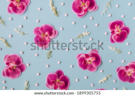 Creative and colorful floral pattern made of pink orchids and leaves on pastel blue background. Trendy flat lay.