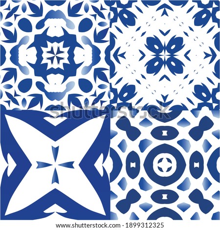 Traditional ornate portuguese azulejos. Collection of vector seamless patterns. Hand drawn design. Blue abstract backgrounds for web backdrop, print, pillows, surface texture, wallpaper, towels.