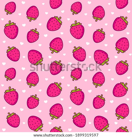 Cute cartoon strawberry pattern. Seamless texture of strawberries and little hearts on pink background. Vector clip art illustration.