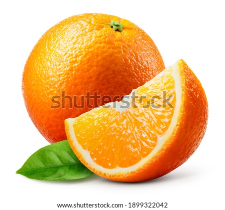 Orange fruit isolate. Orange citrus on white background. Whole orange fruit with slice. Full depth of field. Perfect not AI orange fruit, true photo.