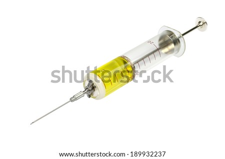 Old glass syringe and vaccine against white background
