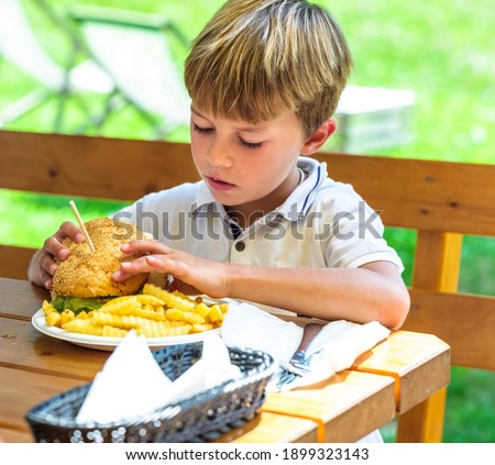 Tasty hamburger with fries eaten by a child on a sunny day.