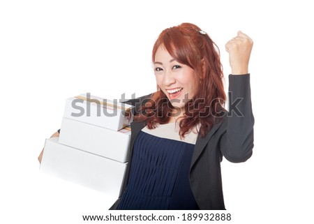 Asian office girl  very happy with 3 boxes in her hand